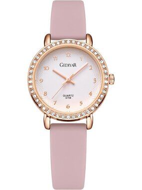 Women's Pink Analog Quartz Crystal Rhinestone Bezel Waterproof Round Wrist Watch